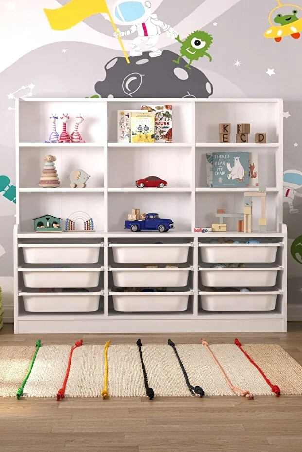 Almina 9 Sepetli 9 Raflı Dolap Çok Amaçlı Dolap Oyuncak Dolabı Almina Beyaz